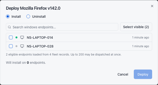 Software deployment chooser showing Install and Uninstall, compatible Windows devices, selection controls, and the dispatch count