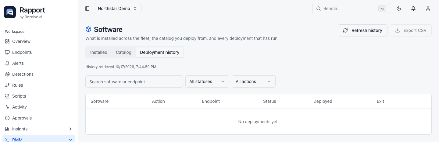 Software deployment history with search, status and action filters, errors, and retry controls