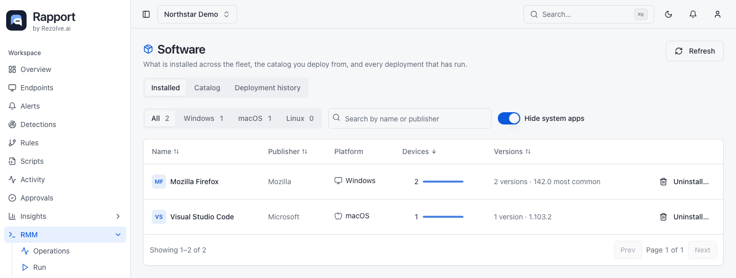 Software inventory with name and publisher search, platform views, and application rows