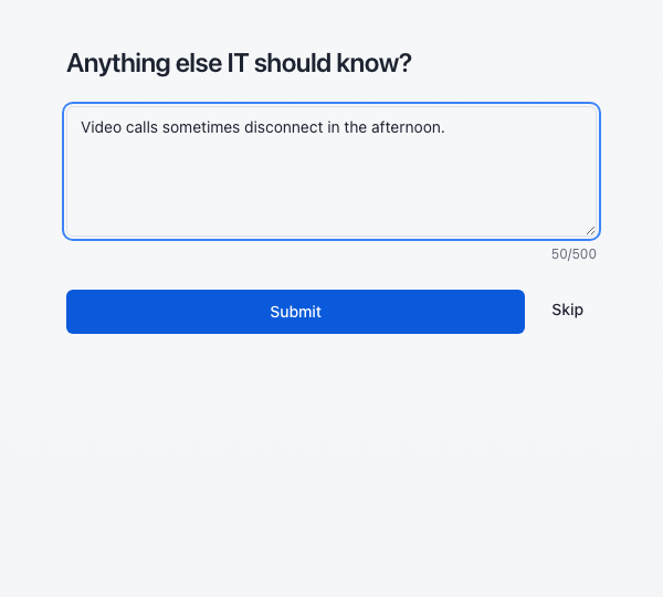 The character counter shows the comment limit. Submit and Skip both finish the survey; Skip does not cancel your earlier answers.