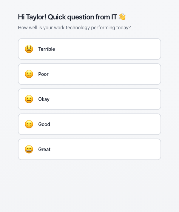 Select one rating to continue. The greeting can include the recipient name configured by your IT administrator.