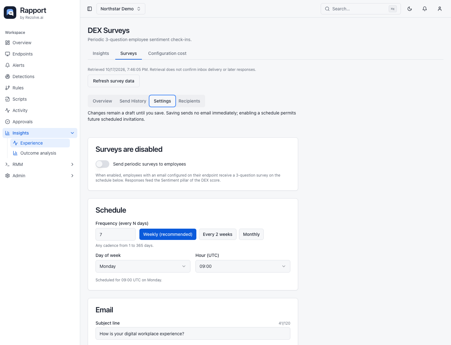 Set the frequency, day, and UTC hour, then complete the subject and optional intro. Save settings commits this configuration; the test button uses the saved version.