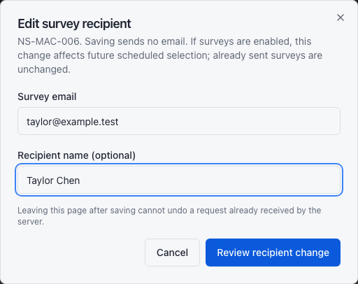 Enter the recipient’s email and optional name. Review recipient change opens the confirmation step before the change is saved.