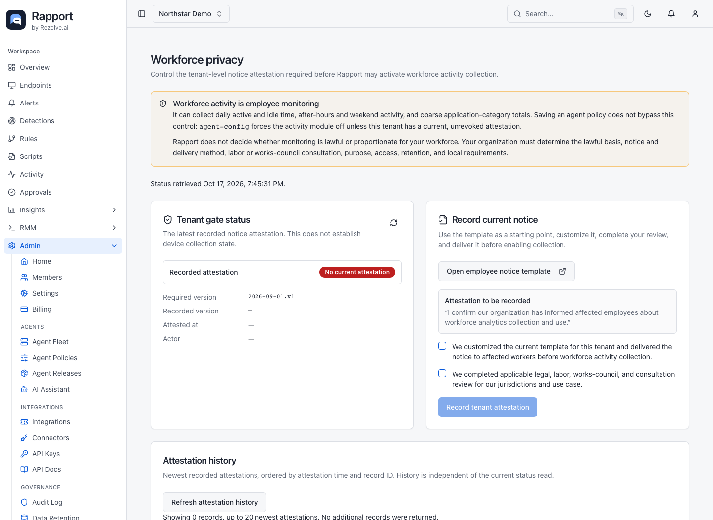 Workforce privacy status, notice attestation controls, and history